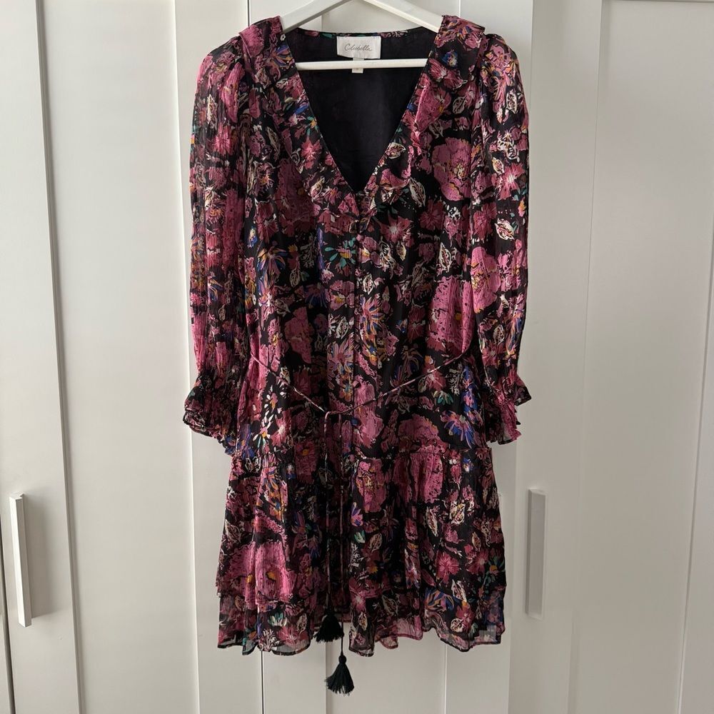 CLEOBELLA | Black and Pink Ruffled Tiered Floral Mini Dress | Size Small